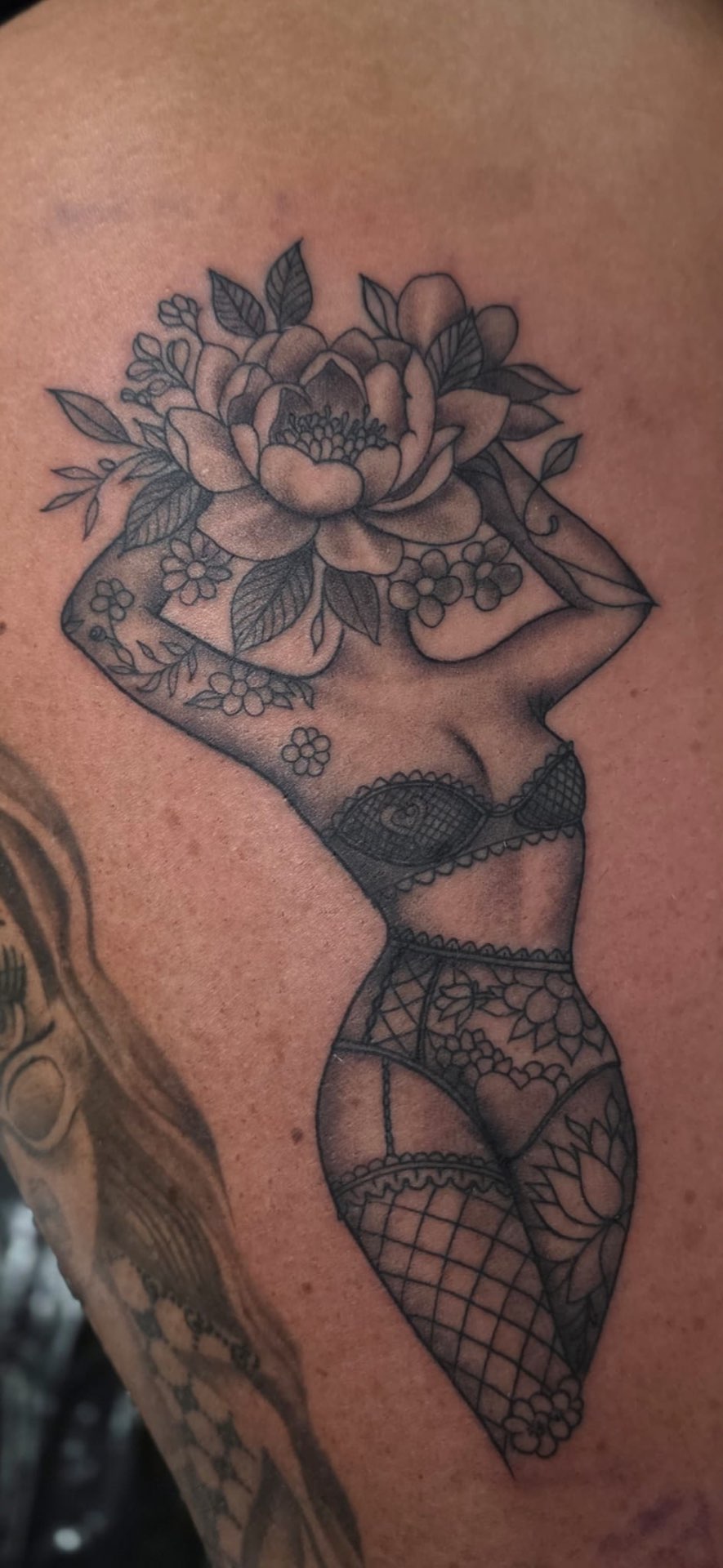 Fine line floral female figure back piece